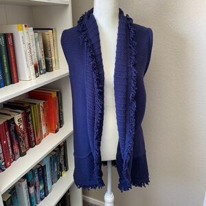 CHICO'S Navy Blue Fringe Duster Sweater Vest Open Cardigan Size 0/Small 2